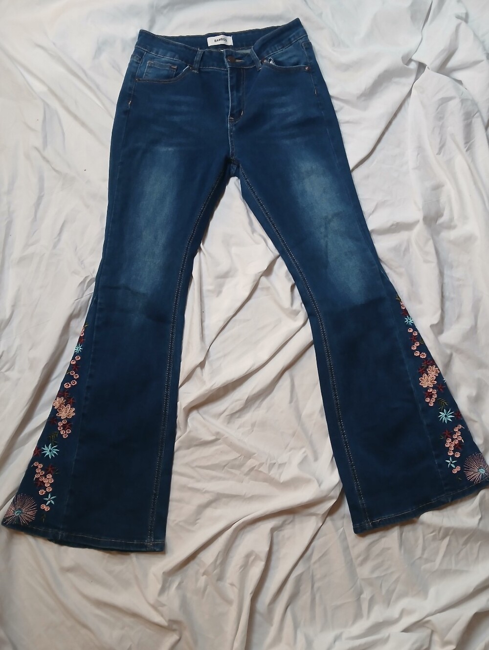 BAMBOO Dark Blue Embroidered Flare Jeans - Picture 3 of 11